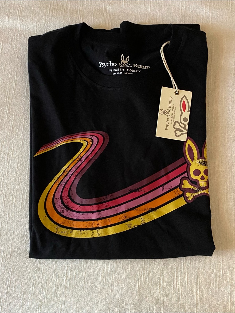 Psycho Bunny Black Short Sleeve Tee with Pink and Yellow Retro Graphic